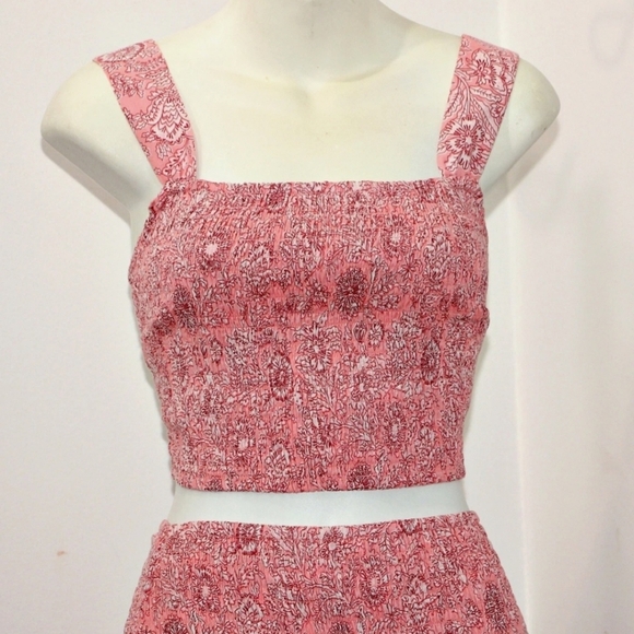 HOUSE OF HARLOW Pink Floral Cotton Smocked Crop Top & Tiered Maxi Skirt Set NWT. - Picture 3 of 13